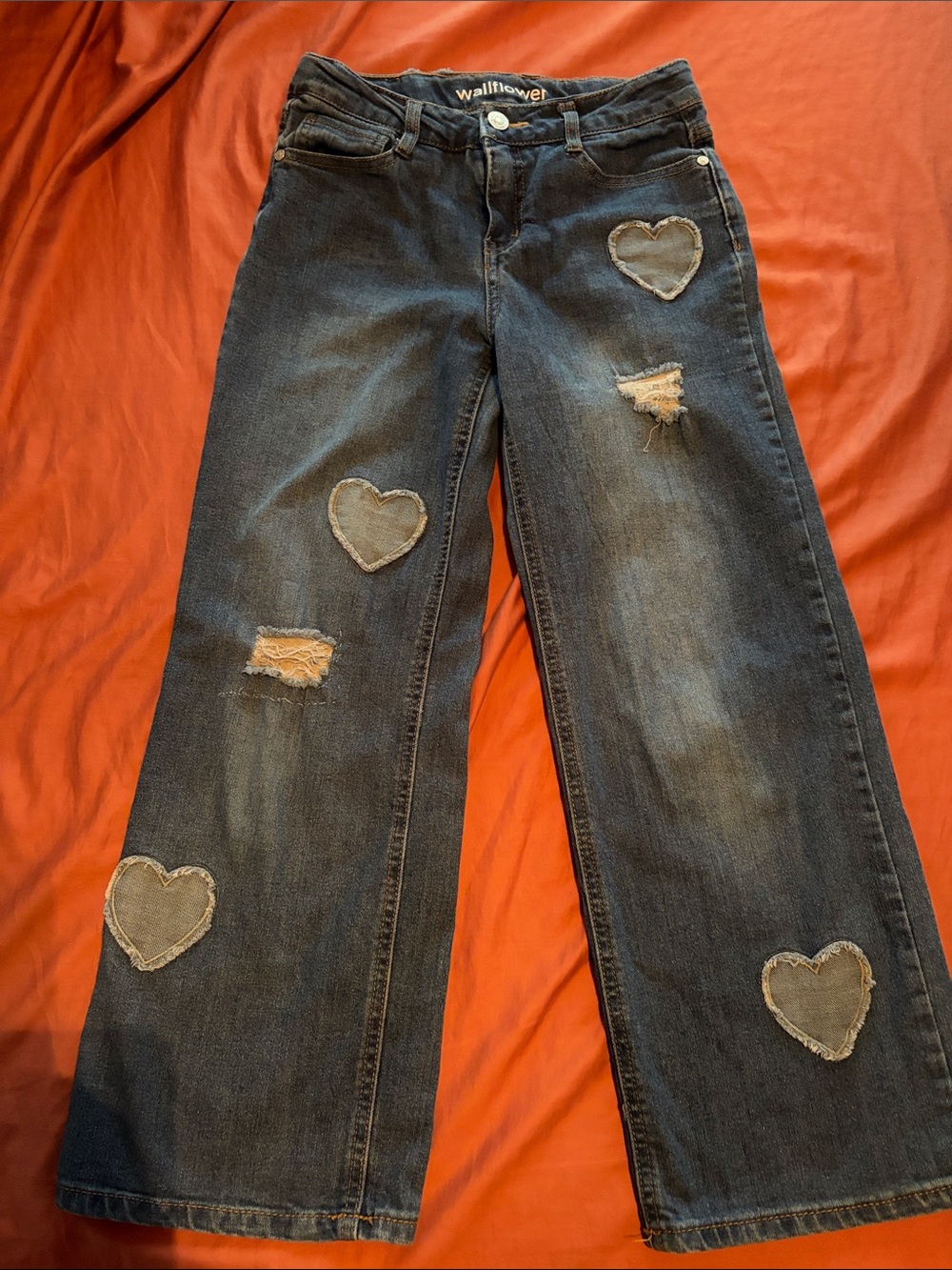 Girls size 10 Wallflower Dark Blue Wide-Leg Jeans with Heart Patches